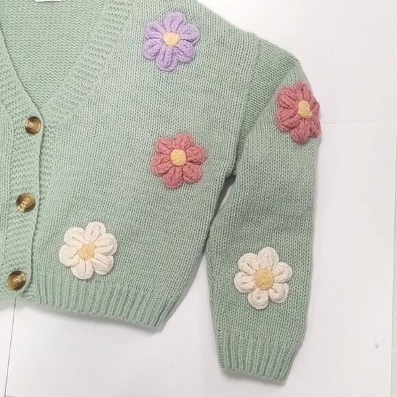 Luna Ivy x Anthropologie Cable Knit Cardigan Light Green w/Crotched Flowers Sz S - Picture 4 of 6
